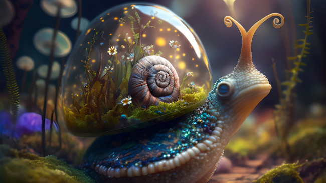 Обои картинки фото фэнтези, существа, нейросети, графика, нейроарт, ai, art, нейронные, сети, рисунки, нейро, искусство, улитка