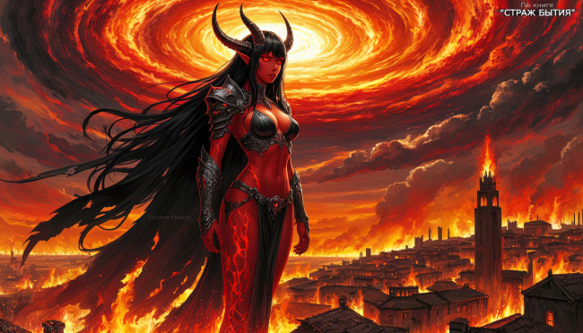 Обои картинки фото богиня геката,  по книге - страж бытия , греческиебогини , геката , девушкагигант, фэнтези, демоны, геката, богиня, гигантская, красная, кожа, чёрные, глаза, прямые, рога, чёрная, броня, откровенная, корона, горящие, волосы, красный, нимб, лавовые, вены, огненный, водоворот