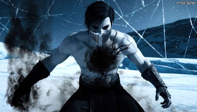 Обои картинки фото дитя тьмы 3-й колоссальный,  по книге - страж бытия, 3д графика, фантазия , fantasy, дитя, тьмы, книжный, персонаж, темный, воин, черный, водоворот, в, груди, черные, глаза, металлическая, маска, ледяная, равнина, ночной, пейзаж, трещины, пространстве, боевая, стойка, русская, фантастика, книжная, иллюстрация, концепт-арт