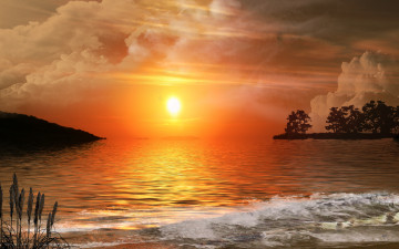 Картинка night shoreline 3д графика nature landscape природа трава облака море рассвет