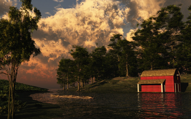 Обои картинки фото late, summer, 3д, графика, nature, landscape, природа, лето, домик, река, облака, лес