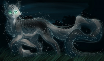 Картинка рисованные животные +сказочные +мифические чёрный фон искорки ночь кот