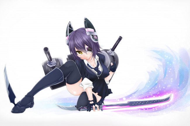 Обои картинки фото аниме, kantai collection, kantai, collection, фон, оружие, жест, взгляд, tenryuu, light, cruiser, девушка, art