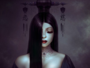 Картинка фэнтези девушки neville dsouza арт иероглифы ресницы украшения прическа волосы девушка