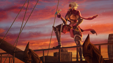 Картинка фэнтези люди корабль закат попугай подзорная труба арт пират мужчина