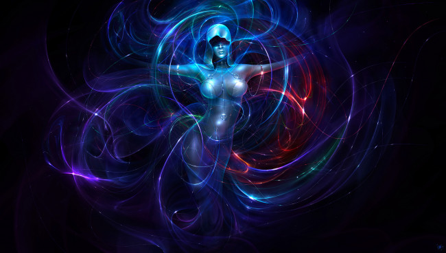 Обои картинки фото фэнтези, девушки, капюшон, линии, абстракция, девушка, neville, dsouza, арт