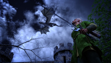 Картинка 3д+графика фантазия+ fantasy парень взгляд фон оружие дракон