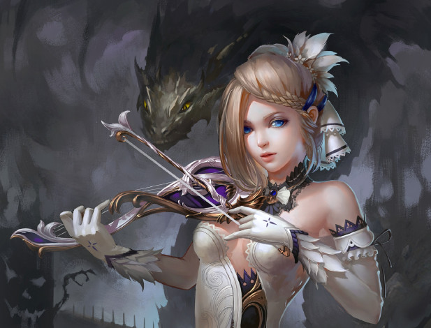 Обои картинки фото фэнтези, красавицы и чудовища, скрипка, девушка, дракон
