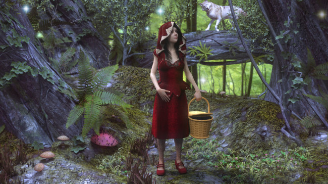 Обои картинки фото 3д графика, фантазия , fantasy, девушка, взгляд, фон, лес, корзина, волк