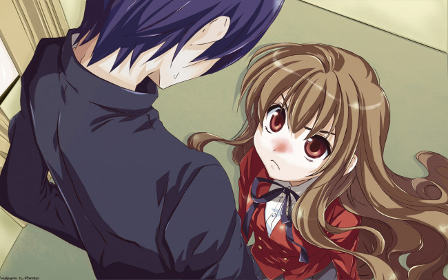 Обои картинки фото аниме, toradora, парень, фон, взгляд, девушка