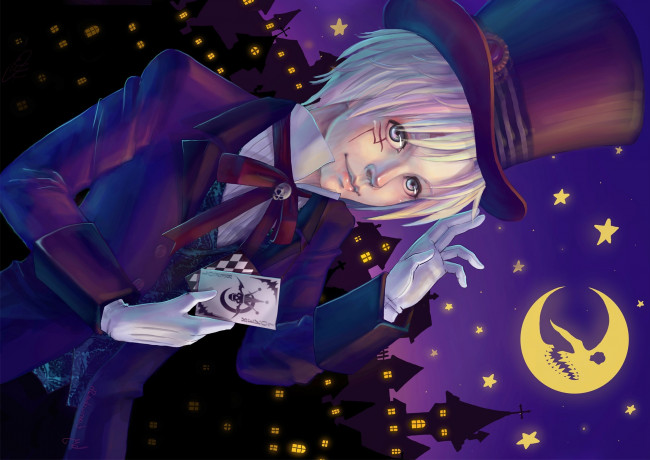 Обои картинки фото аниме,  gray-man, арт, месяц, шляпа, ночь, парень