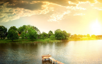 Картинка природа восходы закаты деревья мост река