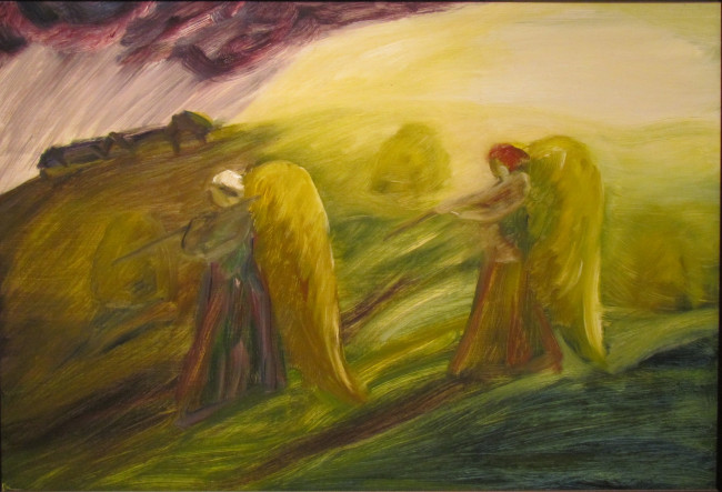 Обои картинки фото рисованное, живопись, женщины, туча, изба