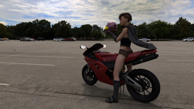 Обои картинки фото 3д графика, люди-авто, мото , people- car ,  moto, девушка, взгляд, фон, мотоцикл