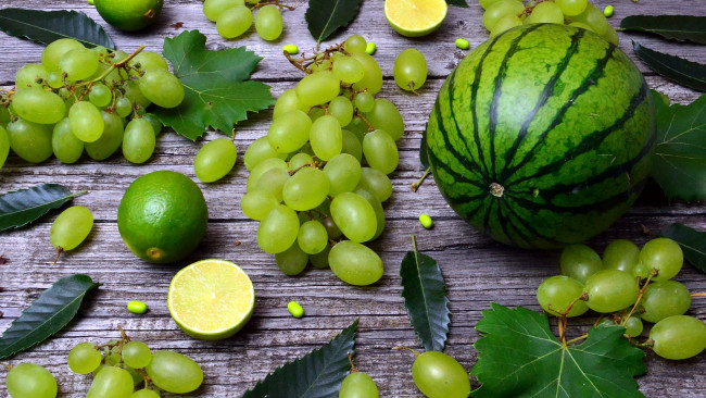 Обои картинки фото еда, фрукты,  ягоды, виноград, лайм, арбуз