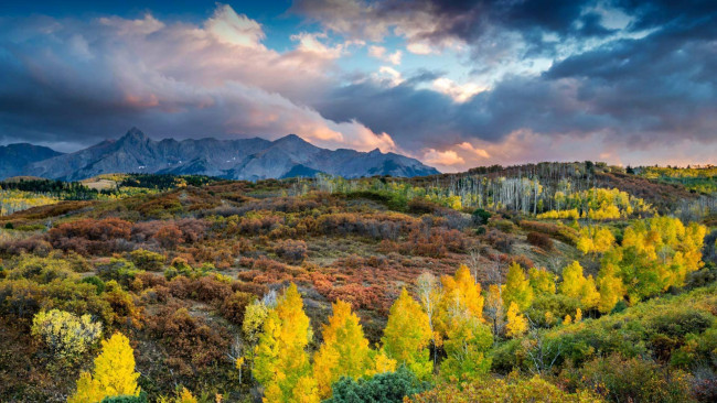 Обои картинки фото природа, горы, небо, тучи, осень, деревья, кусты