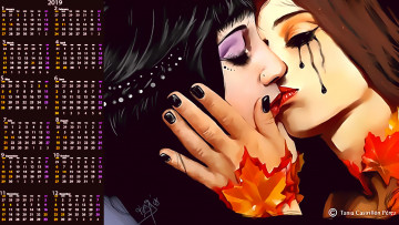 Картинка календари фэнтези поцелуй лицо женщина листья calendar 2019 девушка макияж