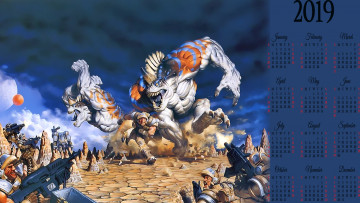 Картинка календари фэнтези солдат монстр нападение calendar 2019 оружие мужчина существо