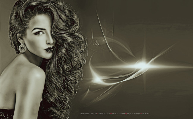 Обои картинки фото календари, компьютерный дизайн, 2019, calendar, узор, серьги, женщина, взгляд, девушка, фрактал