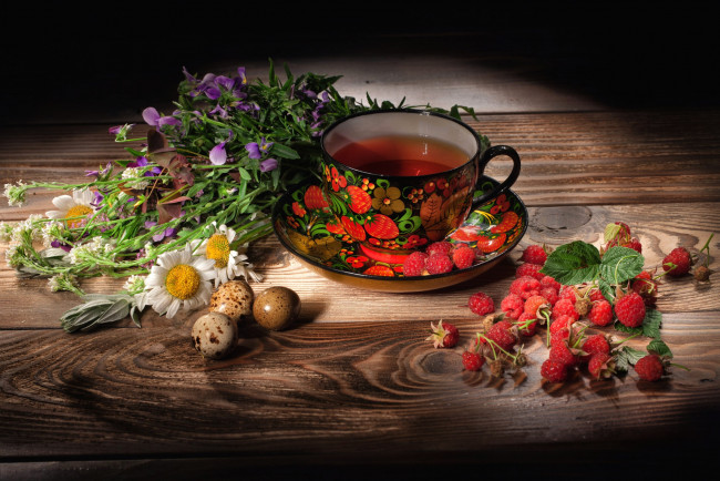 Обои картинки фото еда, натюрморт, малина, чай