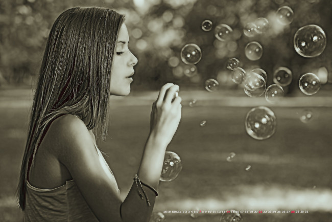 Обои картинки фото календари, компьютерный дизайн, 2019, calendar, женщина, профиль, девушка, пузырь, мыльный