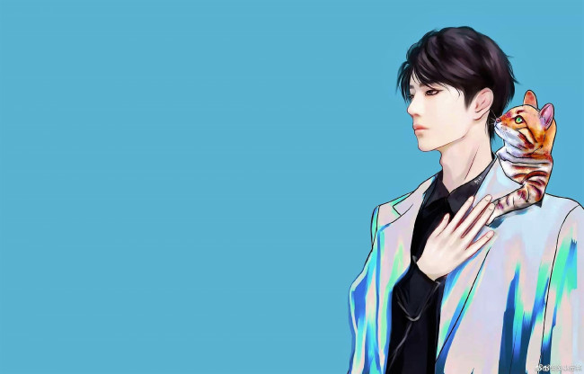 Обои картинки фото рисованное, люди, ван, ибо, кот