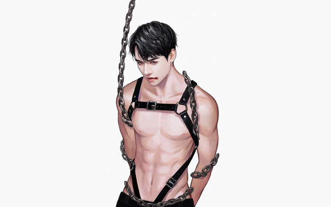 Обои картинки фото рисованное, люди, цепи, ремни, ссадина