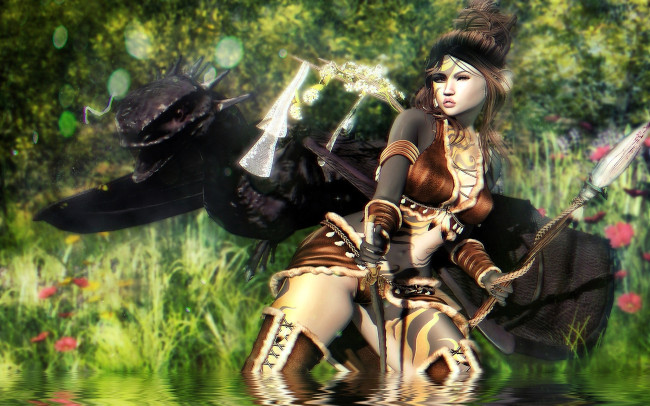 Обои картинки фото 3д графика, фантазия , fantasy, девушка, копье, дракон, деревья, цветы, озеро