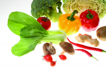 Картинка еда разное брокколи капуста болгарски перец черри помидоры грибы киви имбирь овощи фрукты щавель красный острый жёлтый белый фон томаты