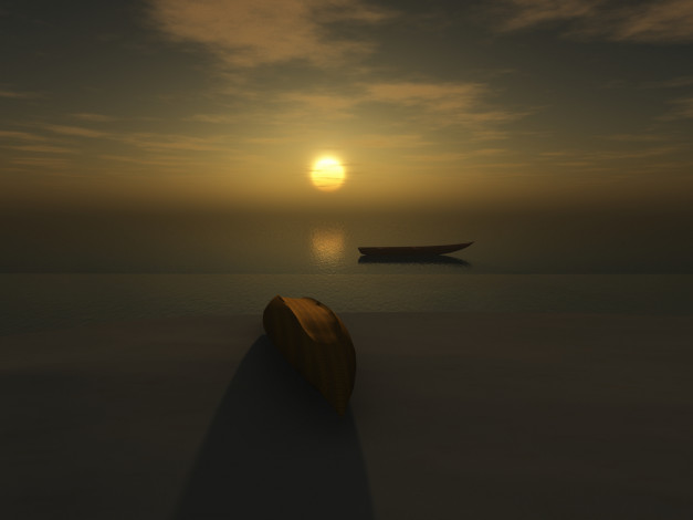 Обои картинки фото 3д, графика, sea, undersea, море, закат, лодки