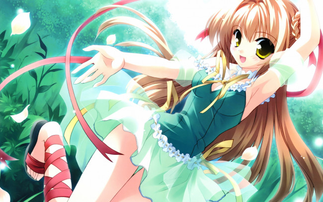 Обои картинки фото аниме, lotus, трава, платье, ленточки, девушка, лепестки