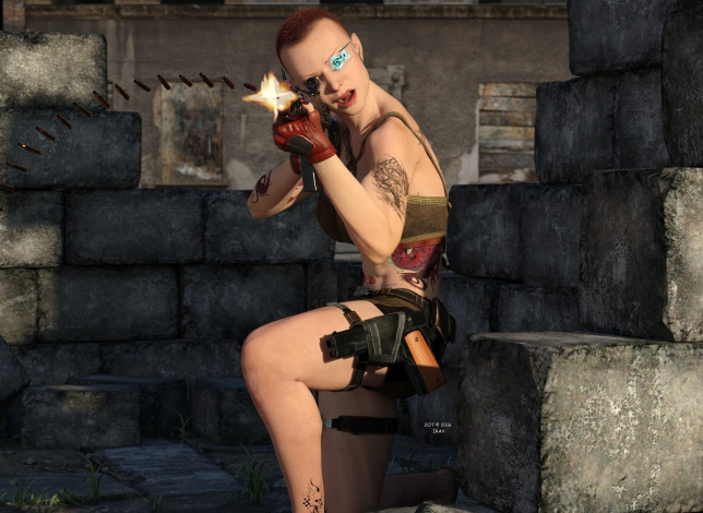 Обои картинки фото 3д графика, фантазия , fantasy, взгляд, девушка, оружие, фон