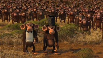 обоя мультфильмы, madagascar,  escape 2 africa, шляпа, растения, обезьяна, много