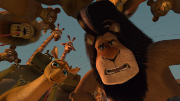 обоя мультфильмы, madagascar,  escape 2 africa, жираф, лев, животные, морда, много