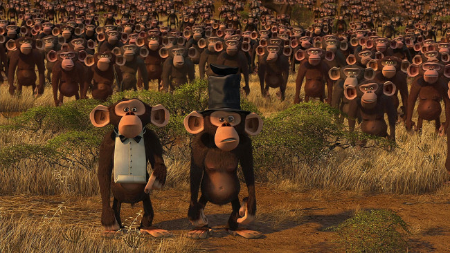 Обои картинки фото мультфильмы, madagascar,  escape 2 africa, шляпа, растения, обезьяна, много