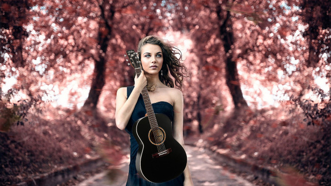 Обои картинки фото музыка, - другое, девушка, гитара, дорога, растения