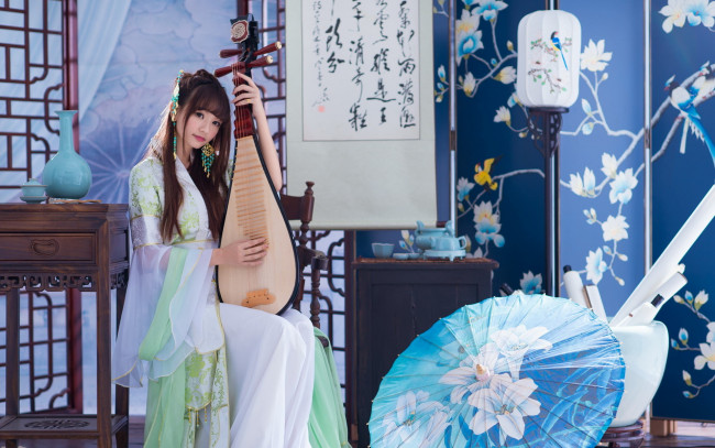 Обои картинки фото музыка, - другое, девушка, азиатка, сервиз, зонт