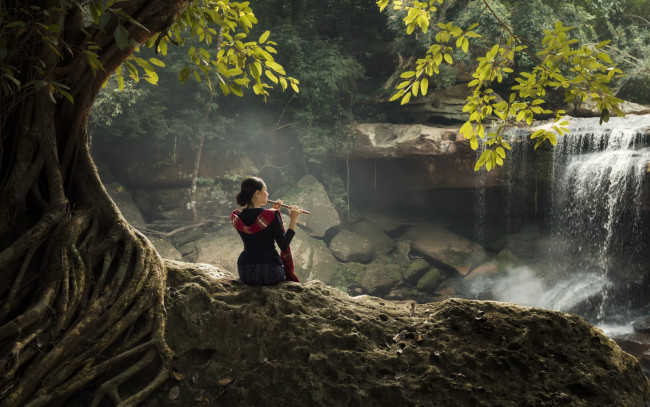 Обои картинки фото музыка, - другое, флейта, пейзаж, девушка