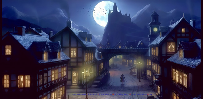 Обои картинки фото календари, фэнтези, луна, город, человек, улица, calendar, 2019, ночь, дом, замок, здание