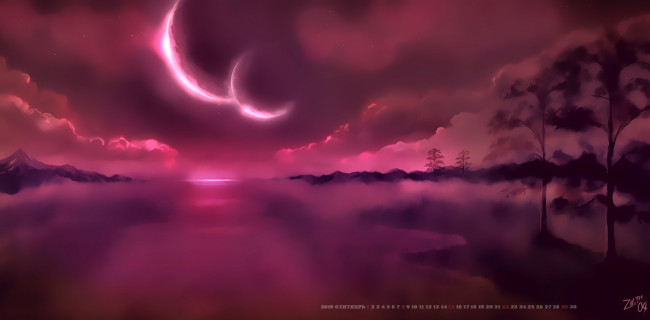 Обои картинки фото календари, фэнтези, calendar, 2019, природа, дерево, гора, луна