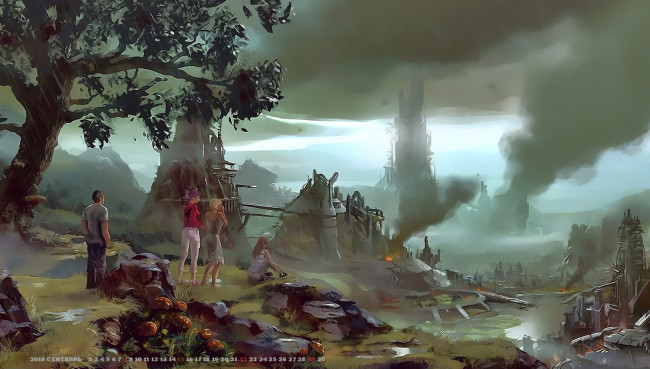 Обои картинки фото календари, фэнтези, мужчина, человек, 2019, calendar, огонь, разрушение, женщина