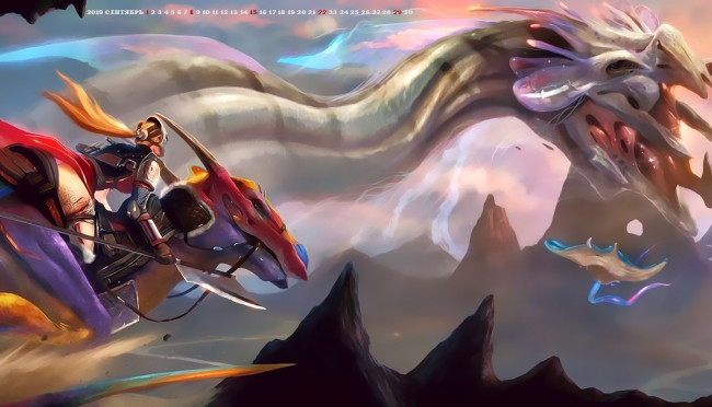 Обои картинки фото календари, фэнтези, полет, существо, 2019, calendar, девушка, гора