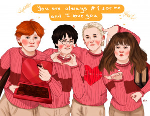 Картинка рисованное кино +мультфильмы рон уизли гарри поттер гермиона грейнджер драко малфой свитера конфеты