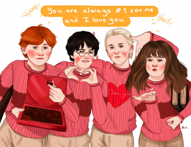 Обои картинки фото рисованное, кино,  мультфильмы, рон, уизли, гарри, поттер, гермиона, грейнджер, драко, малфой, свитера, конфеты