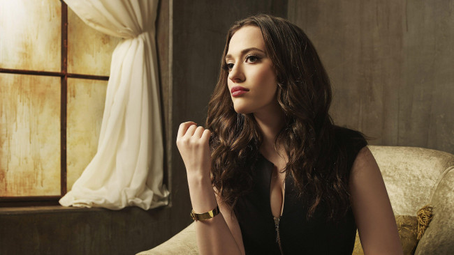 Обои картинки фото девушки, kat dennings, шатенка, окно, кресло