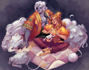 Картинка фэнтези существа люди подушка лягушки вязание клубок