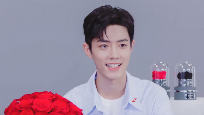 Обои картинки фото мужчины, xiao zhan, актер, розы, колбы, презентация