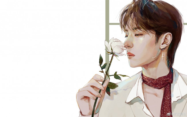 Обои картинки фото рисованное, люди, ван, ибо, шарф, цветок, роза, серьга