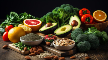 Картинка еда разное брокколи авокадо базилик орехи помидоры