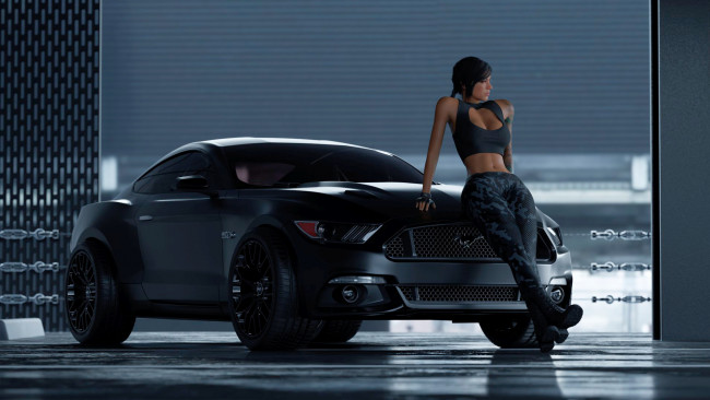 Обои картинки фото видео игры, call of duty, женщины, с, автомобилями, мара, валькирия, call, of, duty, гараж, брюнетка, черные, автомобили, тату, персонажи, видеоигр, форд, мустанг, американские